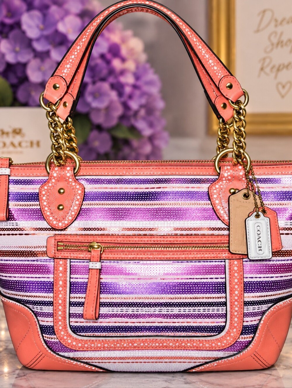 Coach Poppy Sequin Stripe Tote 23843 Orange Purple Gold Chain Y2K Style - Picture 1 of 5